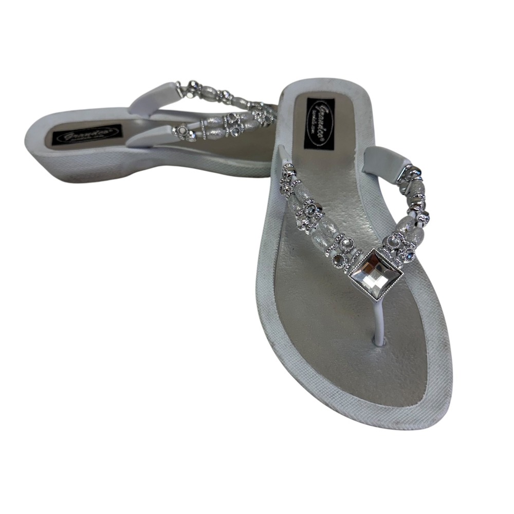 Grandco Womens‎ White Silver Jeweled Wedge Flip Flop Sandals Size 8 Boho Glam